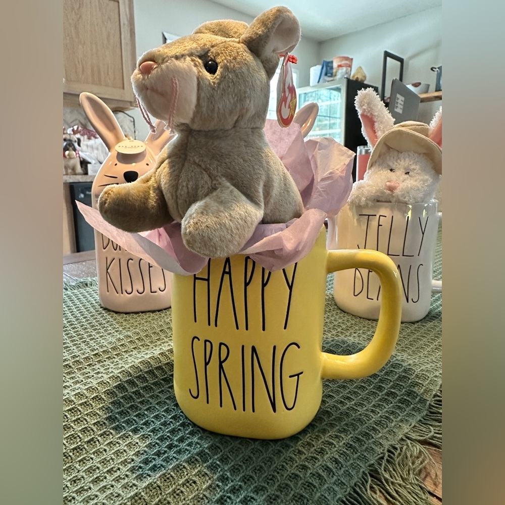 Rae Dunn HAPPY SPRING Mug with TY Beanie Baby Bunny Nibbly
